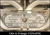GE I30A watthour meter 120v 15amps 1.5kh plate clo